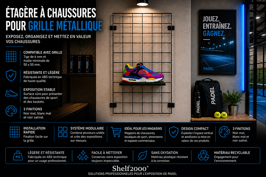 Infographie de l’étagère à chaussures pour grille métallique en ABS, conçue pour présenter des baskets et des chaussures de sport dans les magasins et showrooms.